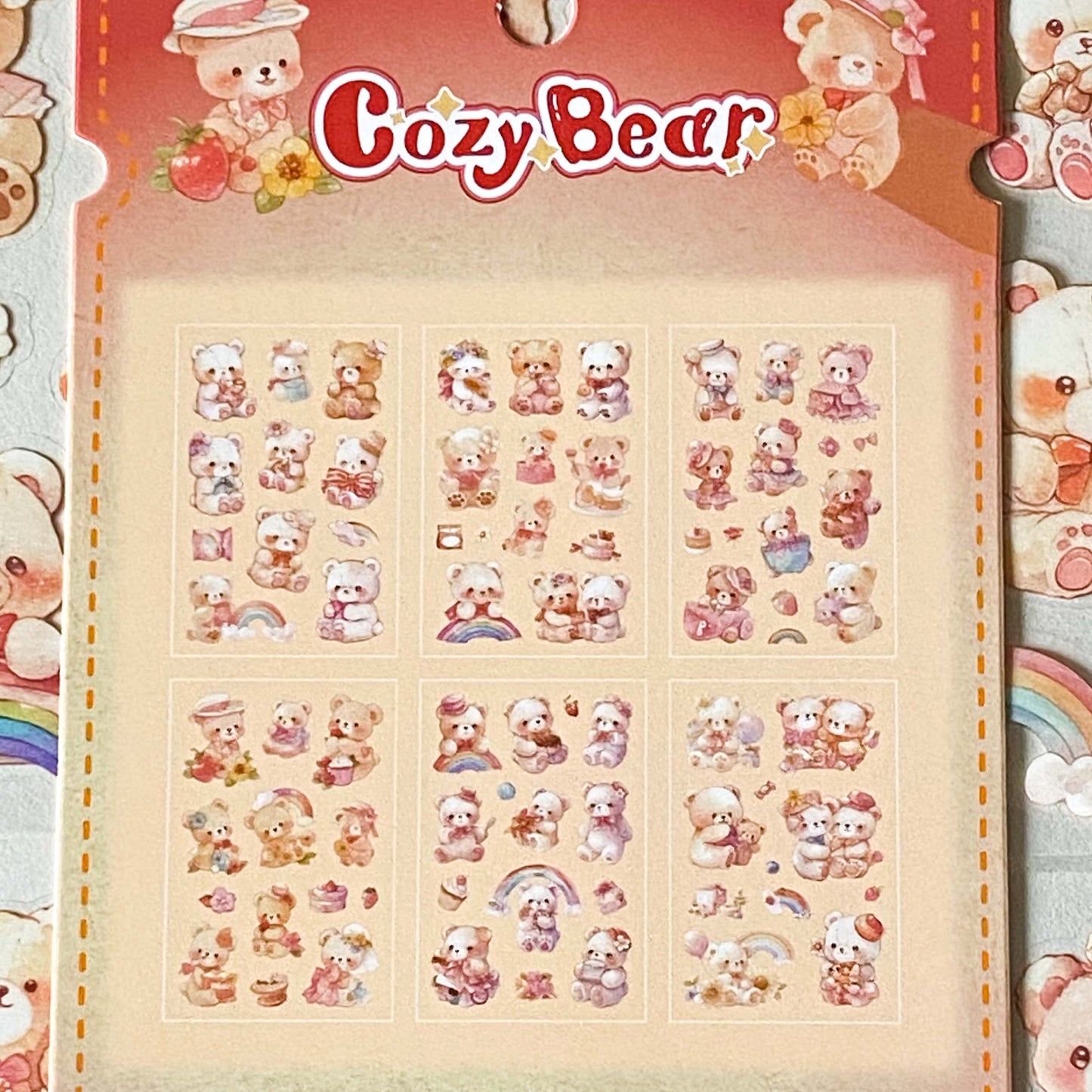 kawaii teddy bear pack of 6 clear sticker sheets pastel scrapbook stickers, cute bears PET journaling Set, pastel colours