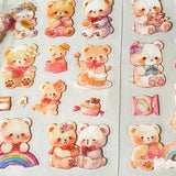 kawaii teddy bear pack of 6 clear sticker sheets pastel scrapbook stickers, cute bears PET journaling Set, pastel colours