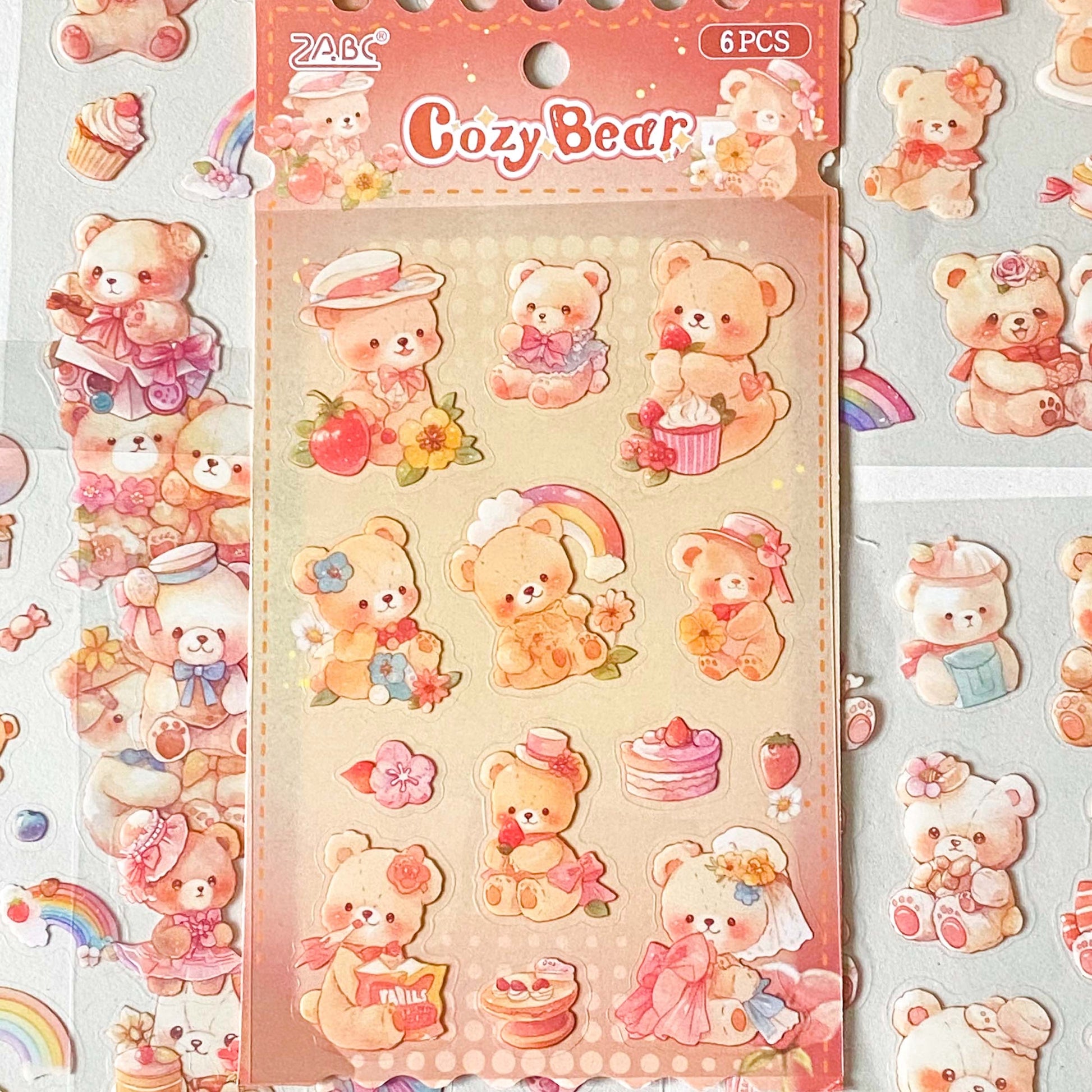 kawaii teddy bear clear sticker sheets pastel scrapbook stickers, cute bears PET journaling Set