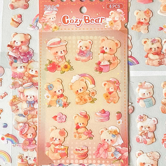 kawaii teddy bear clear sticker sheets pastel scrapbook stickers, cute bears PET journaling Set