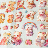 kawaii teddy bear pack of 6 clear sticker sheets pastel scrapbook stickers, cute bears PET journaling Set, pastel colours
