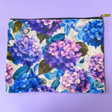 dark floral hydrangea gift set with textured large canvas pouch, owl hydrangea metal bookmark, crystal adjustable bracelet, blue metal pen and floral greetings cards with kraft envelopes. uk cute letterbox gifts shop. 