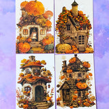 cute kawaii spooky halloween postcard postcards post card cards uk orange sepia vintage retro vibes set of 4 cat cats pumpkin pumpkins haunted house houses