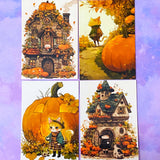 cute kawaii spooky halloween postcard postcards post card cards uk orange sepia vintage retro vibes set of 4 cat cats pumpkin pumpkins haunted house houses