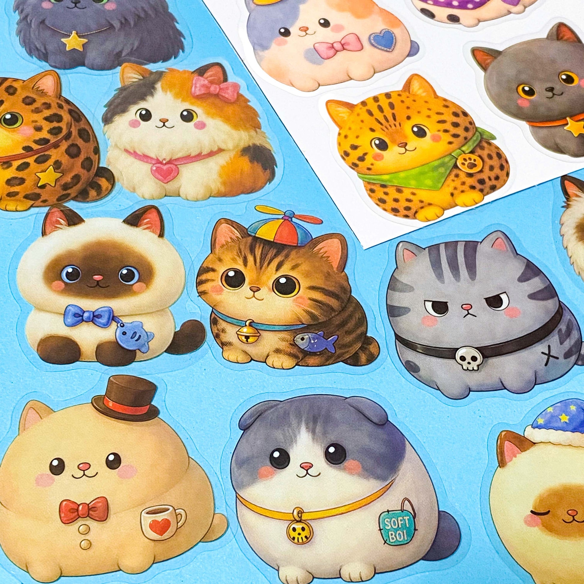 pack of 50 chubby fat cat PET stickers with fluffy kawaii cats in a variety of colours and breeds, approximately 52mm. Uk stationery shop.