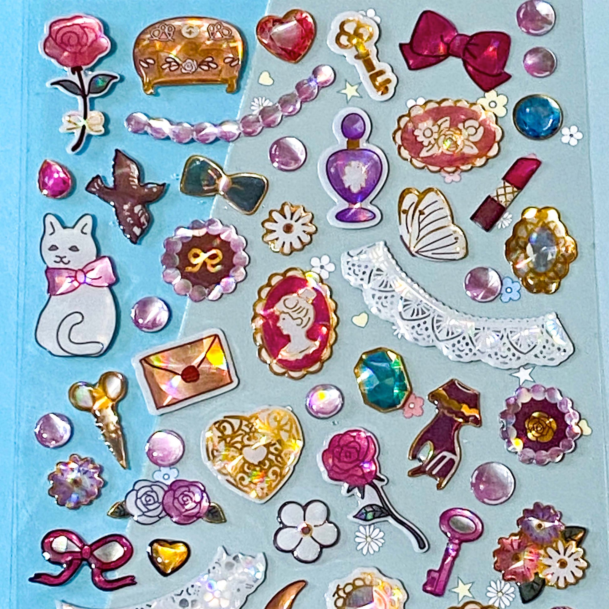 little treasure crystal puffy 3D sticker packs with domed plastic clear stickers of cats, bunny rabbits, swans, trees, flowers, gems, bows and decorative elements. Uk stationery shop.