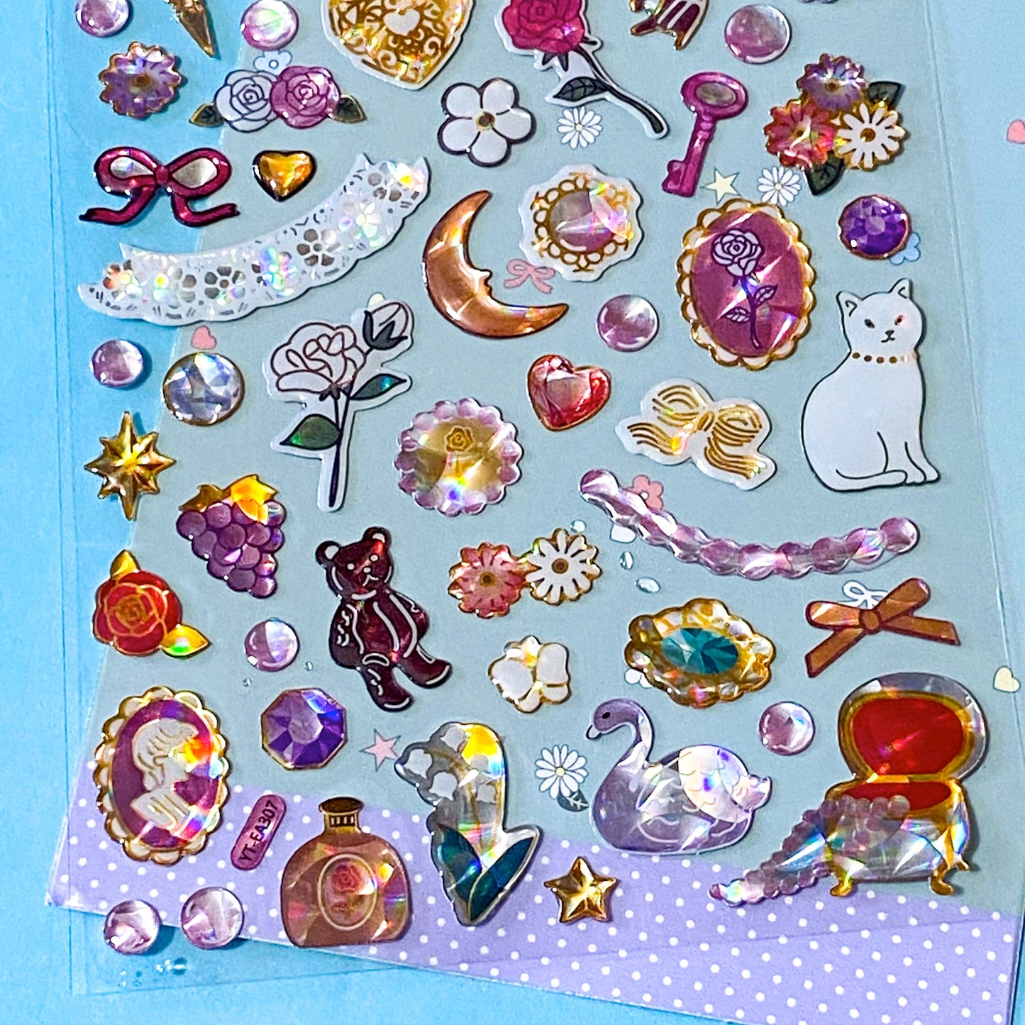 little treasure crystal puffy 3D sticker packs with domed plastic clear stickers of cats, bunny rabbits, swans, trees, flowers, gems, bows and decorative elements. Uk stationery shop.