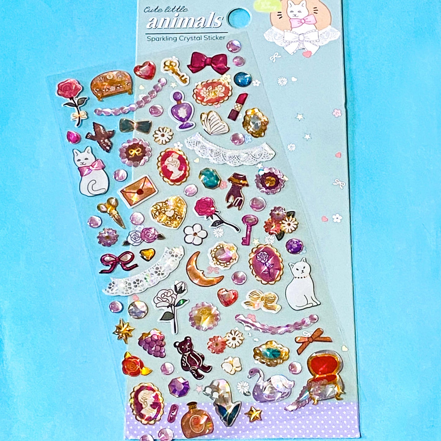 little treasure crystal puffy 3D sticker packs with domed plastic clear stickers of cats, bunny rabbits, swans, trees, flowers, gems, bows and decorative elements. Uk stationery shop.