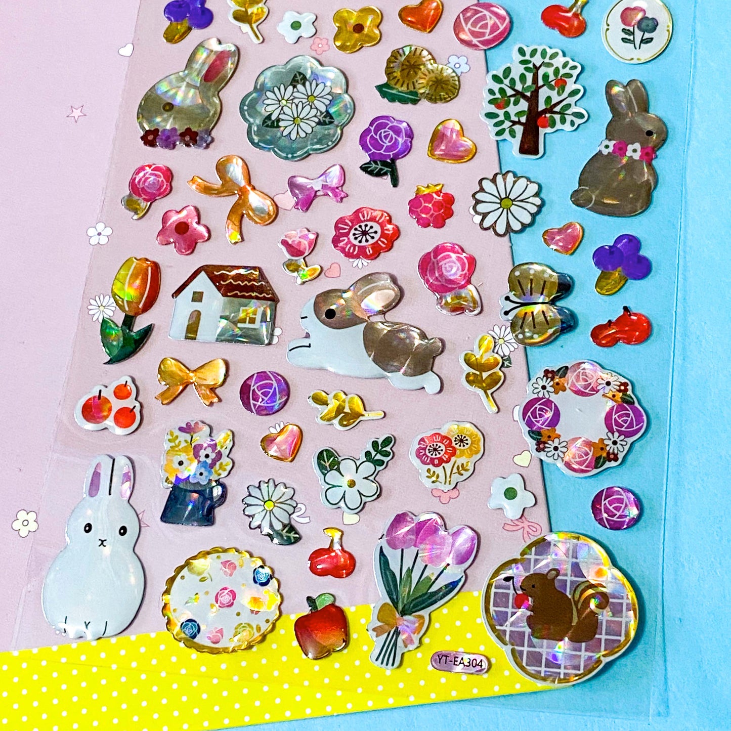 little treasure crystal puffy 3D sticker packs with domed plastic clear stickers of cats, bunny rabbits, swans, trees, flowers, gems, bows and decorative elements. Uk stationery shop.