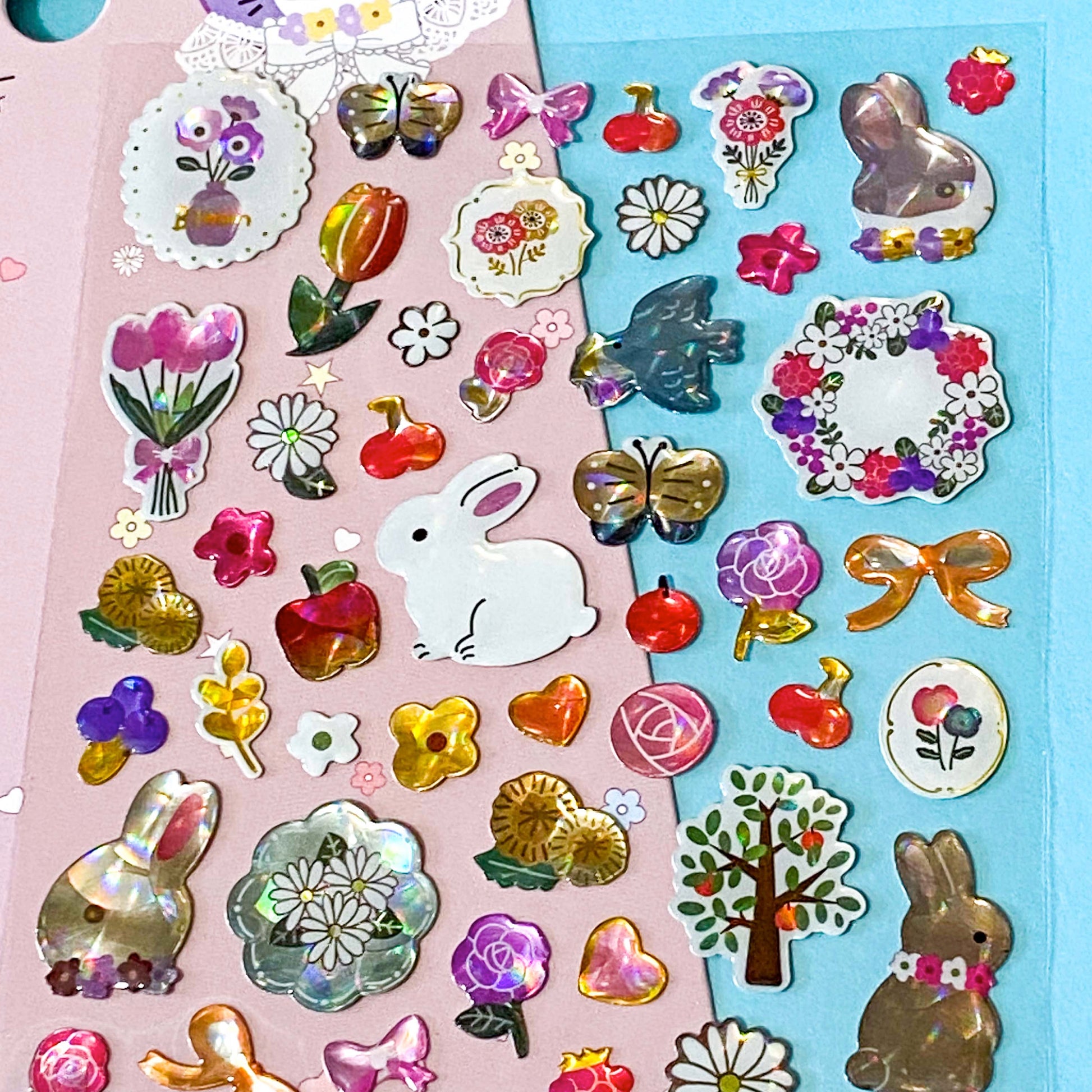little treasure crystal puffy 3D sticker packs with domed plastic clear stickers of cats, bunny rabbits, swans, trees, flowers, gems, bows and decorative elements. Uk stationery shop.