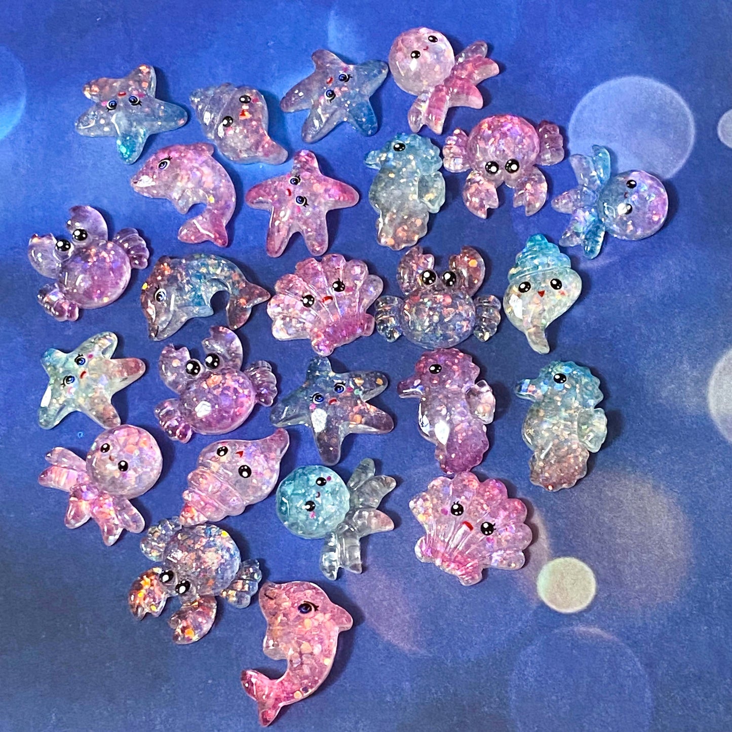 starfish octopus dolphin crab shell shells sea ocean theme glitter glittery resin flatback flat back fb fbs uk cute kawaii craft supplies shop store pink blue purple pretty
