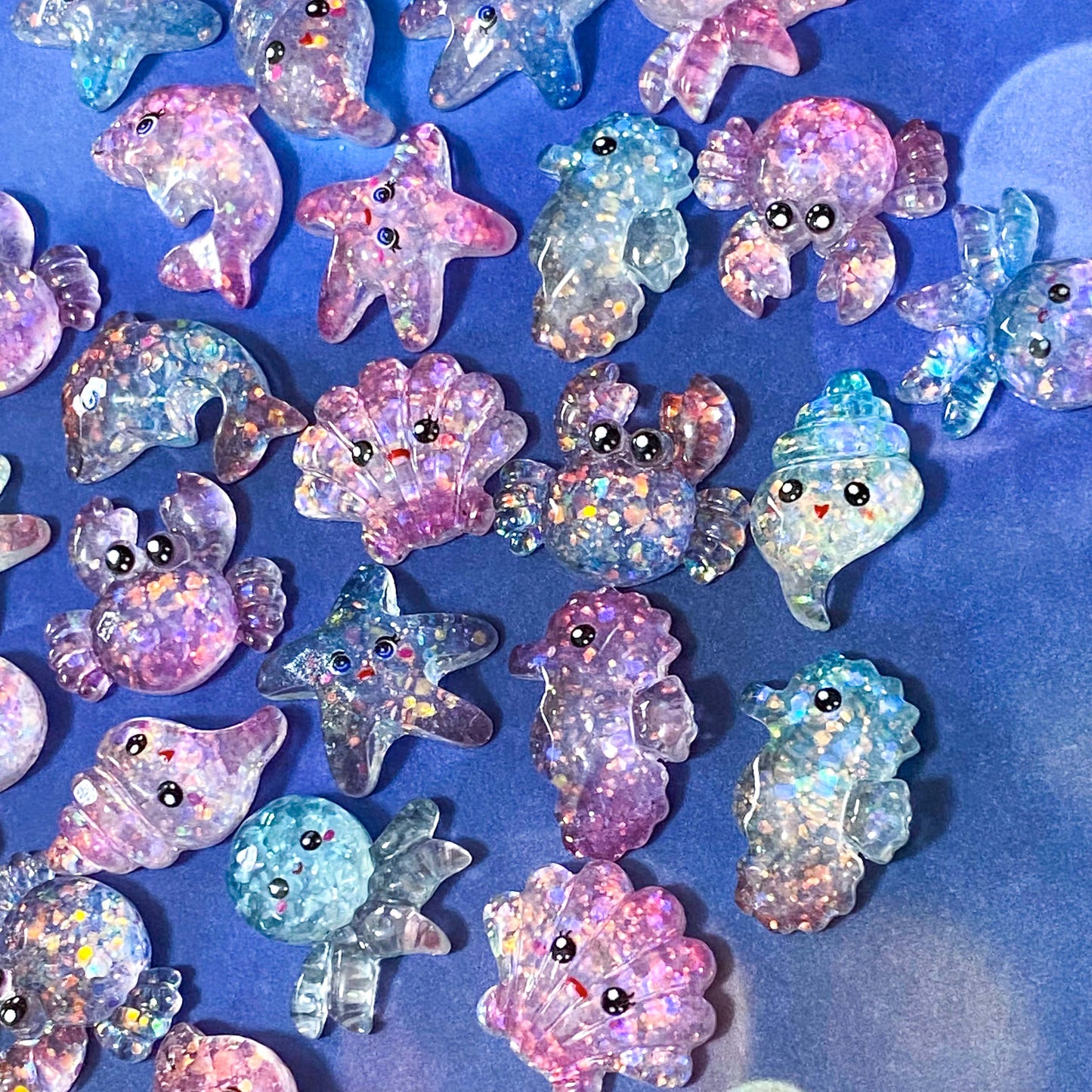 starfish octopus dolphin crab shell shells sea ocean theme glitter glittery resin flatback flat back fb fbs uk cute kawaii craft supplies shop store pink blue purple pretty