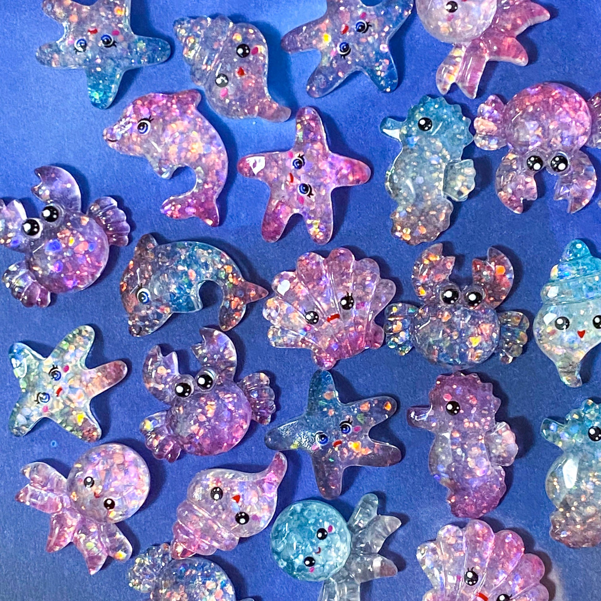 starfish octopus dolphin crab shell shells sea ocean theme glitter glittery resin flatback flat back fb fbs uk cute kawaii craft supplies shop store pink blue purple pretty