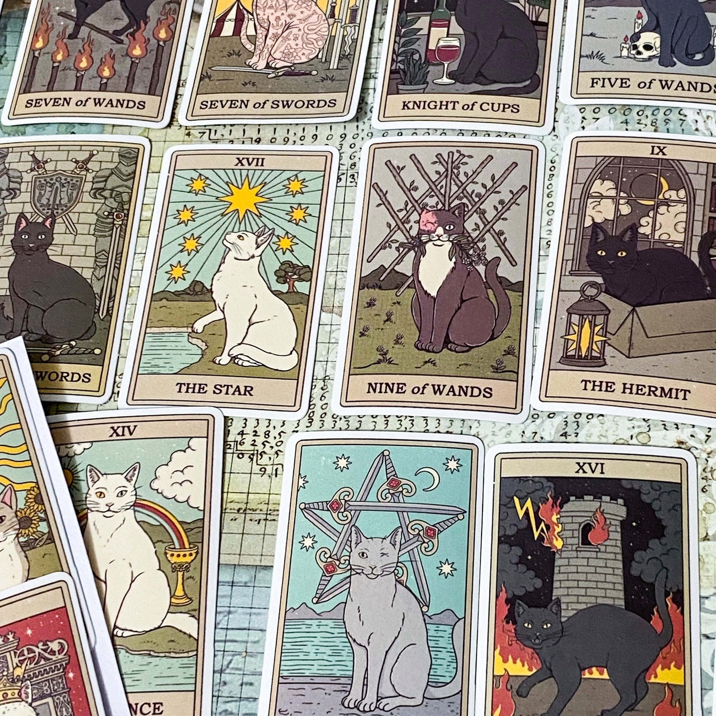 complete set of 78 cats tarot card stickers with matte finish and major and minor arcana including pentacles, swords, cups and wands and moon, emperor, death etc. uk mystical magical stationery gift.