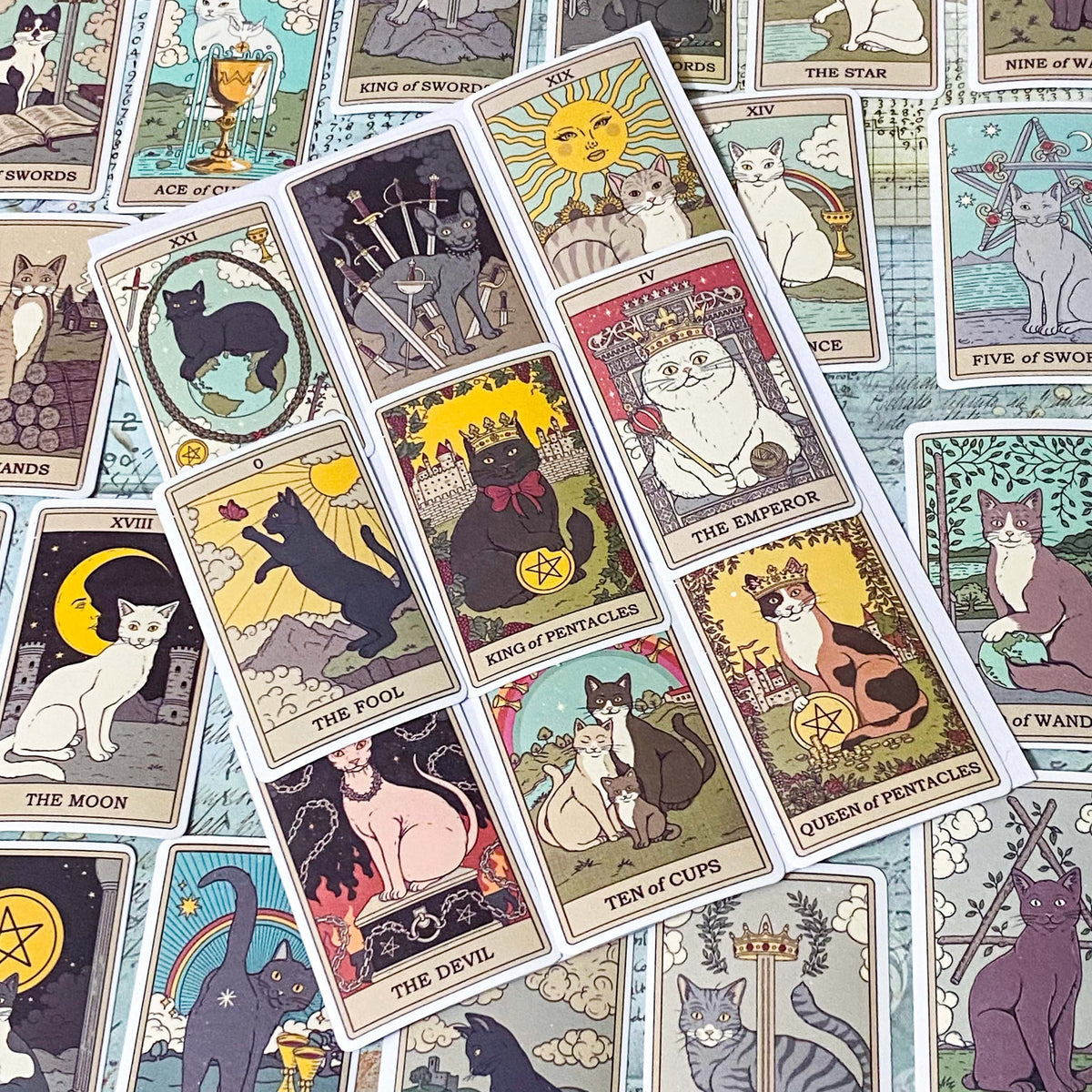 complete set of 78 matte cat tarot card stickers with vintage illustrations including major and minor arcana cats