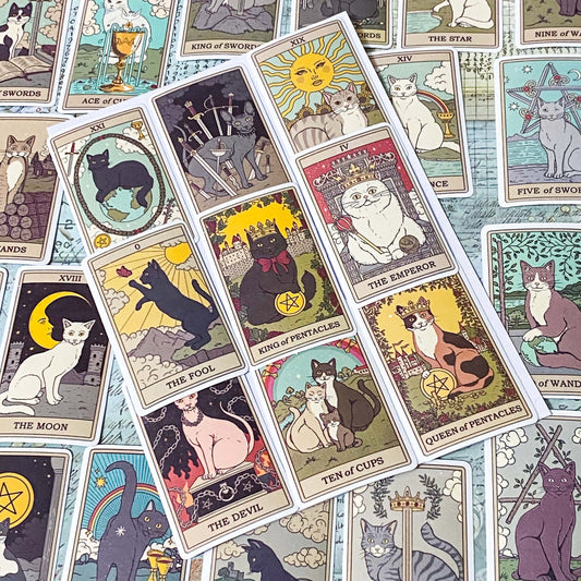 complete set of 78 matte cat tarot card stickers with vintage illustrations including major and minor arcana cats