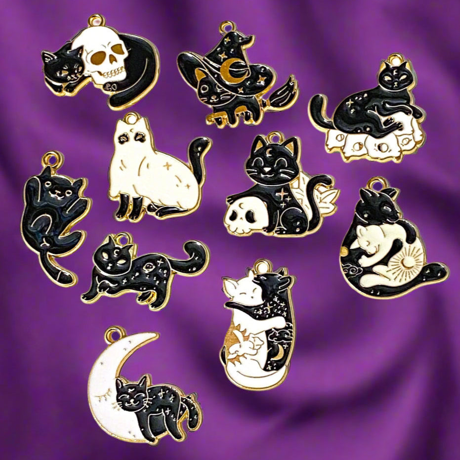 witch witches cat cats black white enamel enamelled charm charms pendant gold tone metal uk cute kawaii occult spooky halloween craft supplies shop store jewellery making skull ghost hat magic magical