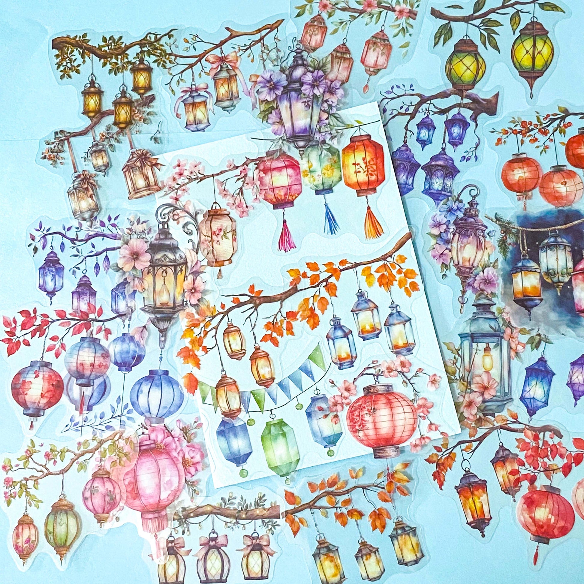 Colorful lanterns and floral branches clear plastic large stickers on a blue background