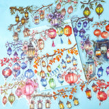 Colorful lanterns and floral branches clear plastic large stickers on a blue background