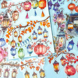 Colourful lanterns and floral branches clear stickers on a light blue background