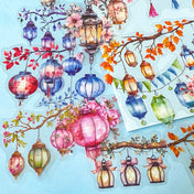 Colorful lanterns clear stickers hanging from branches with flowers on a light blue background