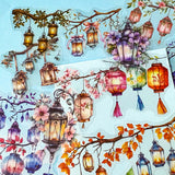 Colourful large lanterns hanging from branches with flowers clear stickers on a blue background