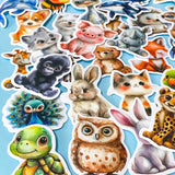large cute and cuddle kawaii animals silk finish laptop stickers set of 50 on a pale blue background including turtle, owl, rabbit, cat and gorilla