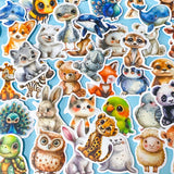 large cute and cuddle kawaii animals silk finish laptop stickers set of 50 on a pale blue background