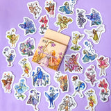 vintage flower fairy sticker box of 46 mini fairies stickers with floral decorations on a lilac background