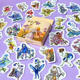 flower fairy sticker box of 46 mini fairies stickers with floral decorations on a lilac background