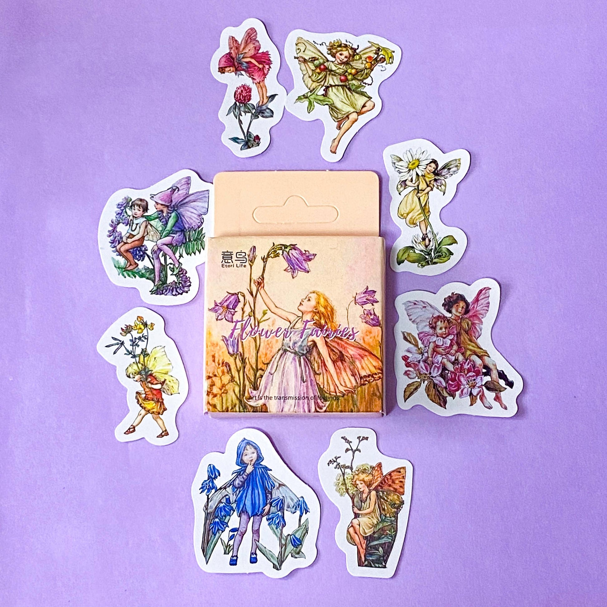 flower fairy sticker box of 46 mini fairies stickers with floral decorations on a lilac background
