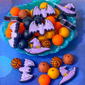halloween spooky scary silicone bead beads large jumbo 35mm 15mm round brown black orange purple witch witch's hat hats bat bats lilac witches jewellery making beading pens beaded make your own pen craft supplies uk shop store