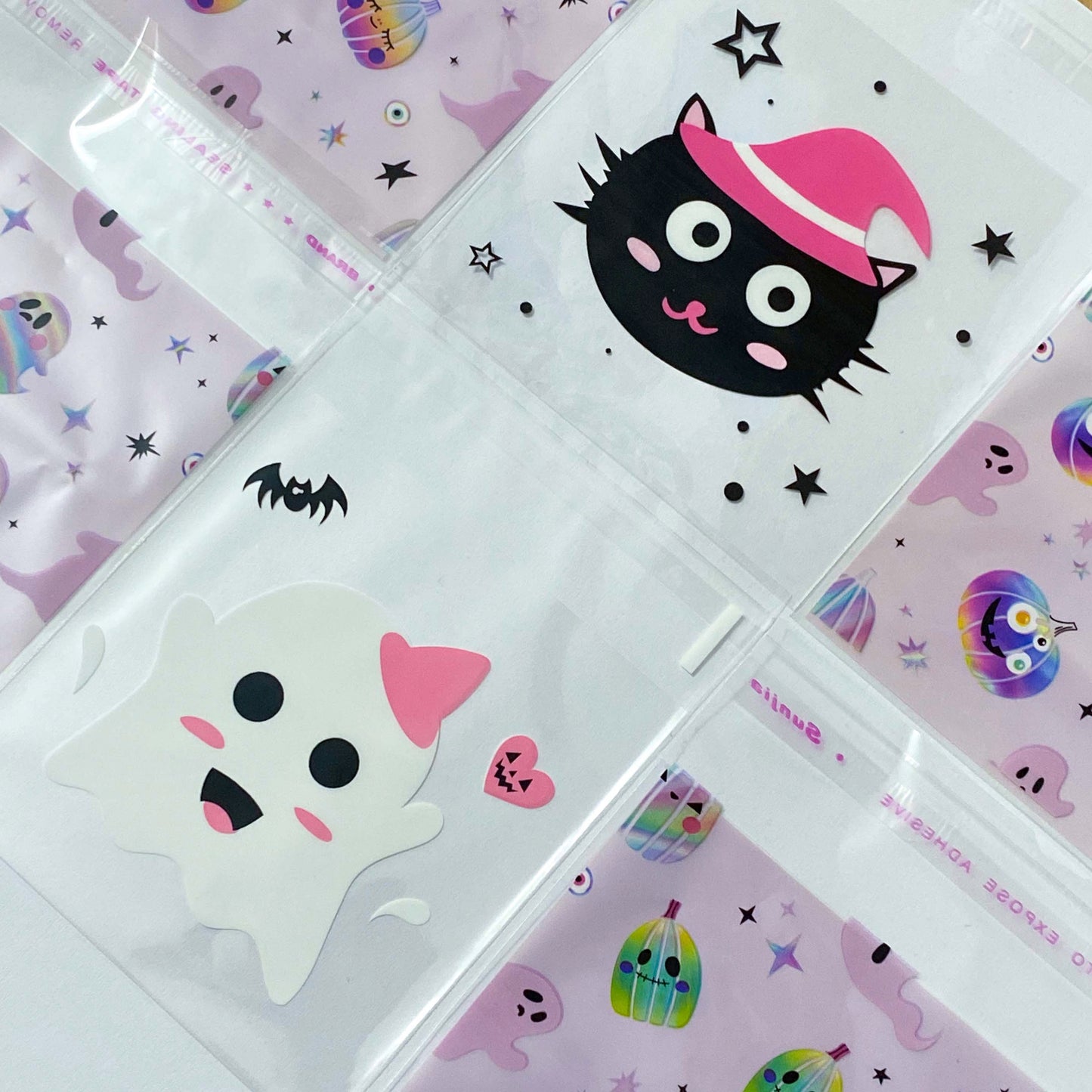large cello cellophane self seal bag bags packaging supplies spooky lilac pink purple pumpkins pumpkin ghost ghosts cat black cats witch kawaii cute uk stationery gift gifts shop store supplies clear plastic