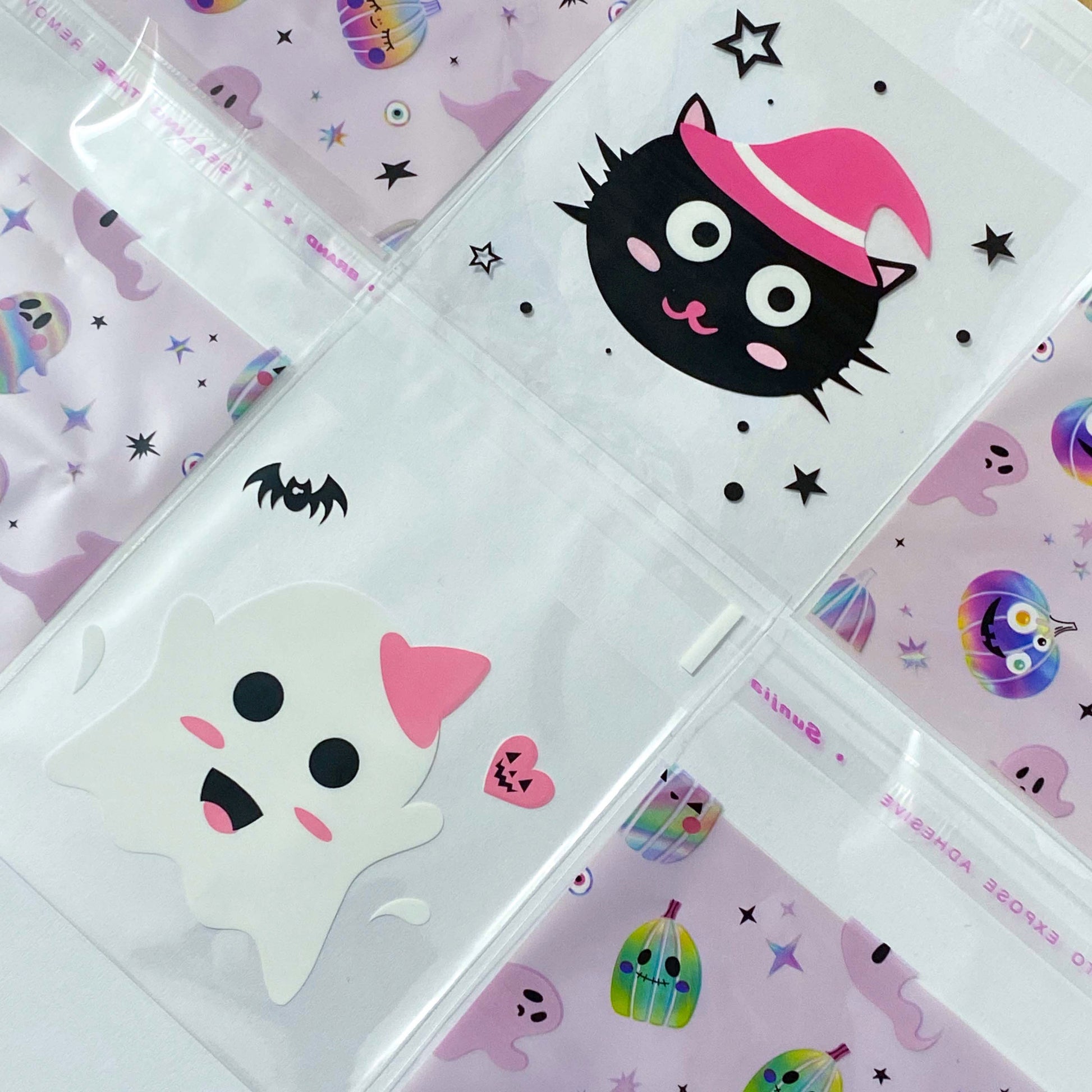 large cello cellophane self seal bag bags packaging supplies spooky lilac pink purple pumpkins pumpkin ghost ghosts cat black cats witch kawaii cute uk stationery gift gifts shop store supplies clear plastic