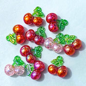 large jumbo big acrylic charm charms pendant pendants fruit fruits cherry cherries bunch of red or pink iridescent ab pearl pearlescent uk cute kawaii craft supplies jewellery making 22mm