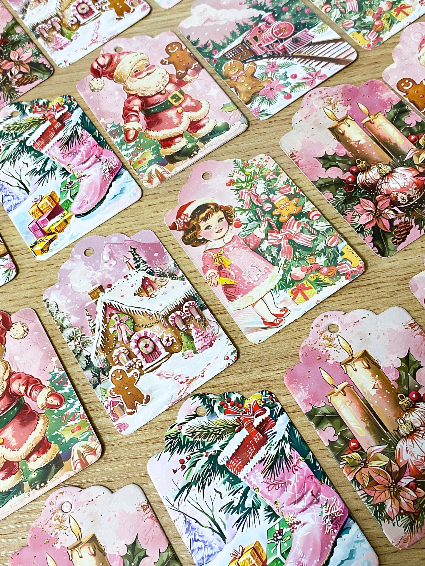 pink tag tags christmas festive retro pretty cute kawaii card thick set 6 vintage nostalgia uk stationery gift gifts gingerbread house girl train candle stocking victorian