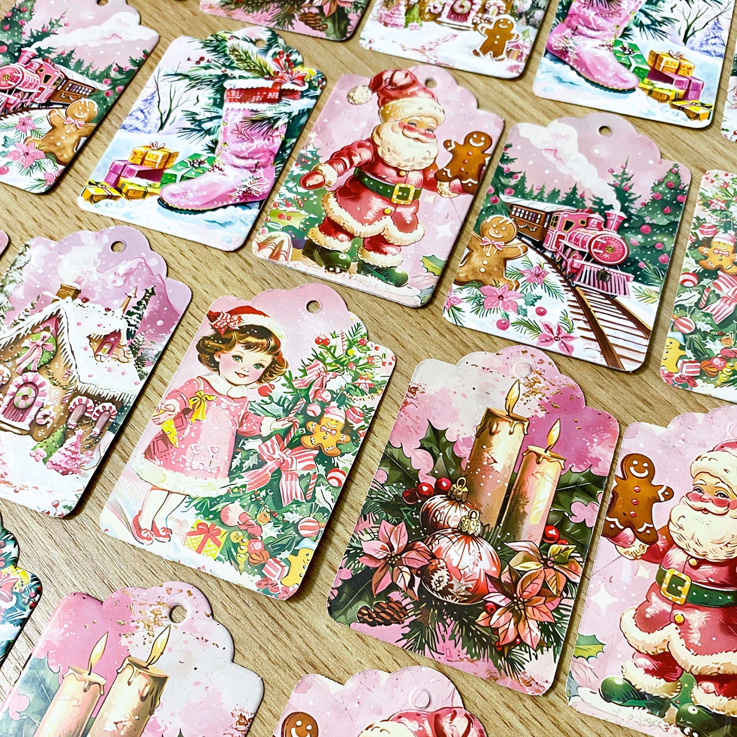 pink tag tags christmas festive retro pretty cute kawaii card thick set 6 vintage nostalgia uk stationery gift gifts gingerbread house girl train candle stocking victorian