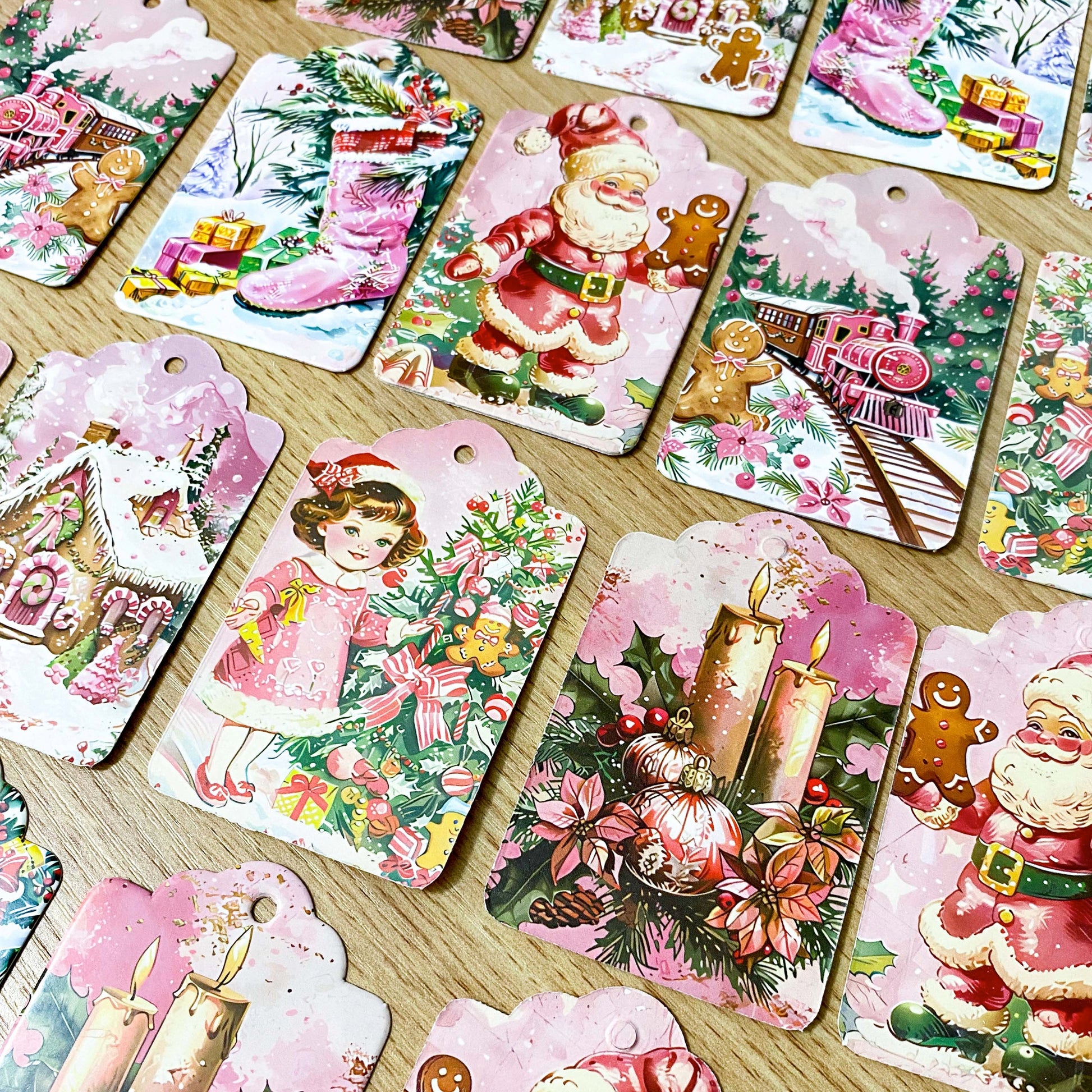 pink tag tags christmas festive retro pretty cute kawaii card thick set 6 vintage nostalgia uk stationery gift gifts gingerbread house girl train candle stocking victorian
