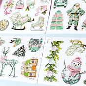 kawaii cute christmas stickers stickers sheet pastel pink and green retro vintage pretty glossy white festive stationery uk shop store planner addict supplies santa sleigh snowman deer gingerbread