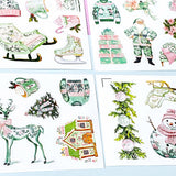 kawaii cute christmas stickers stickers sheet pastel pink and green retro vintage pretty glossy white festive stationery uk shop store planner addict supplies santa sleigh snowman deer gingerbread