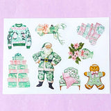 kawaii cute christmas stickers stickers sheet pastel pink and green retro vintage pretty glossy white festive stationery uk shop store planner addict supplies santa sleigh snowman deer gingerbread
