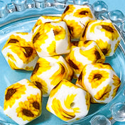 yellow sunflower pattern 12 sided silicone beads on blue background