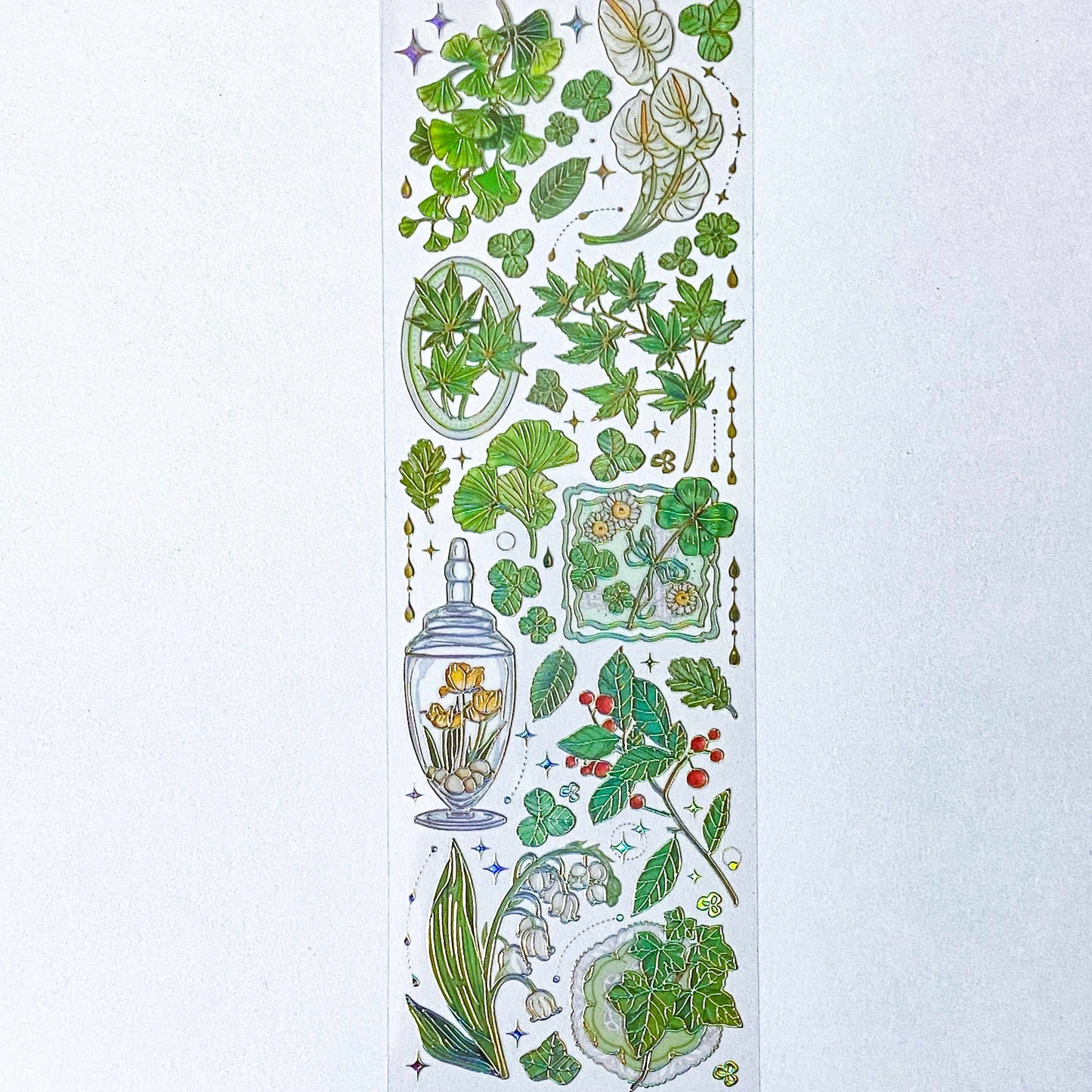 green gold yellow flower flowers plants plant sticker stickers sheet holo holographic foil foiled clear plastic pet uk cute kawaii stationery shop store butterflies butterfly jar jars ivy clover four leaf leaves 