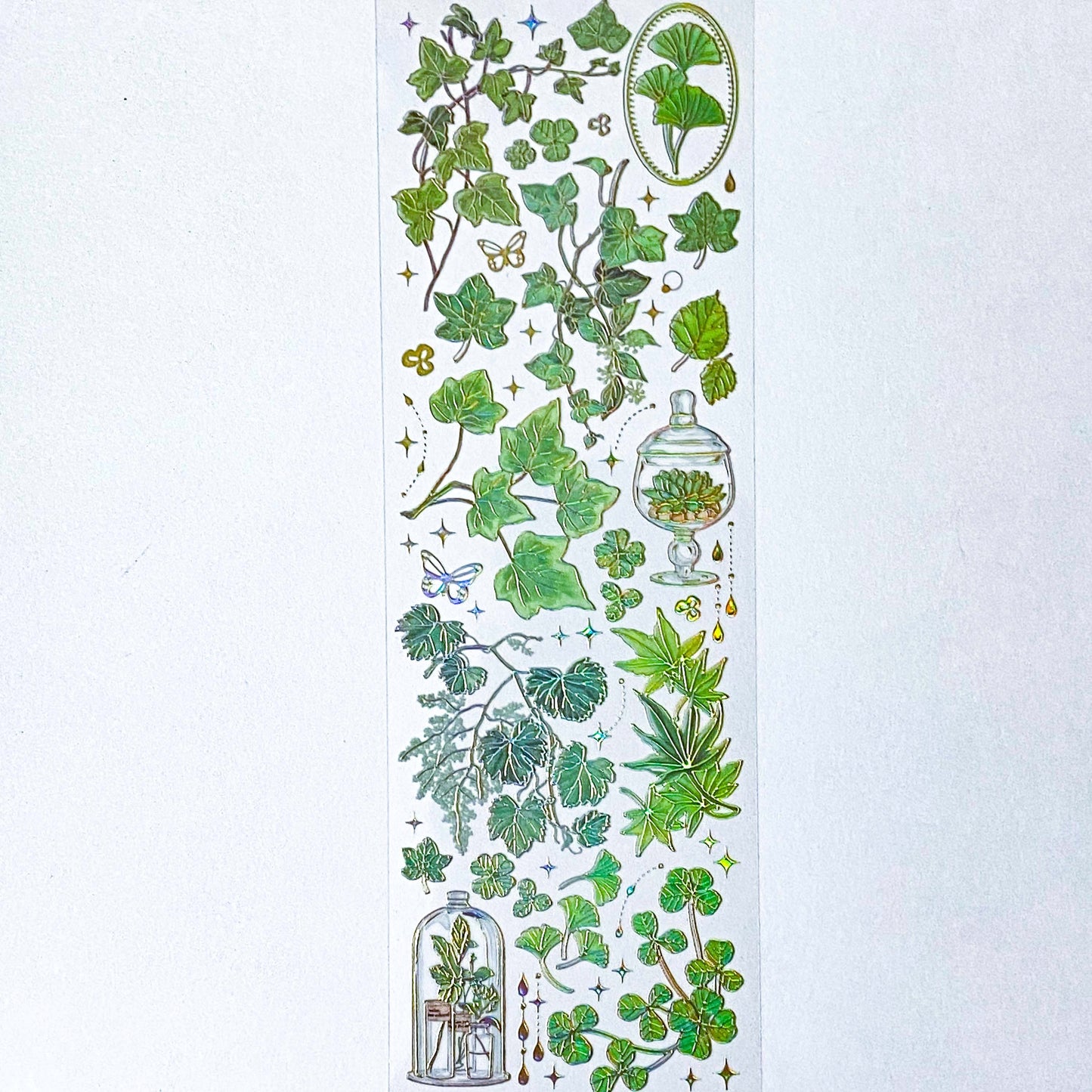 green gold yellow flower flowers plants plant sticker stickers sheet holo holographic foil foiled clear plastic pet uk cute kawaii stationery shop store butterflies butterfly jar jars ivy clover four leaf leaves 