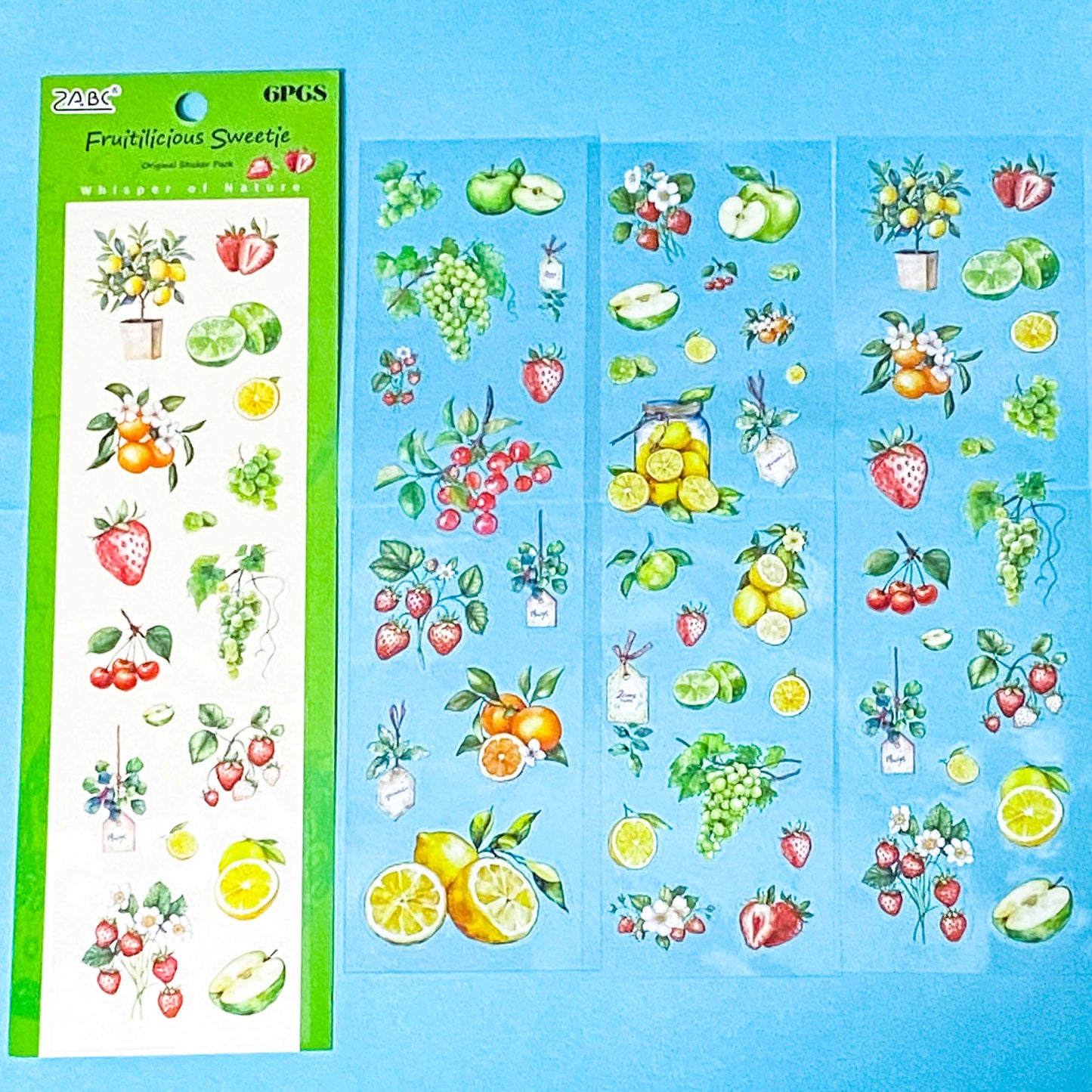Botanical FRUIT Clear Sticker Sheets- 6 Sheet Set | Strawberry, Lemon, Apple, Cherry