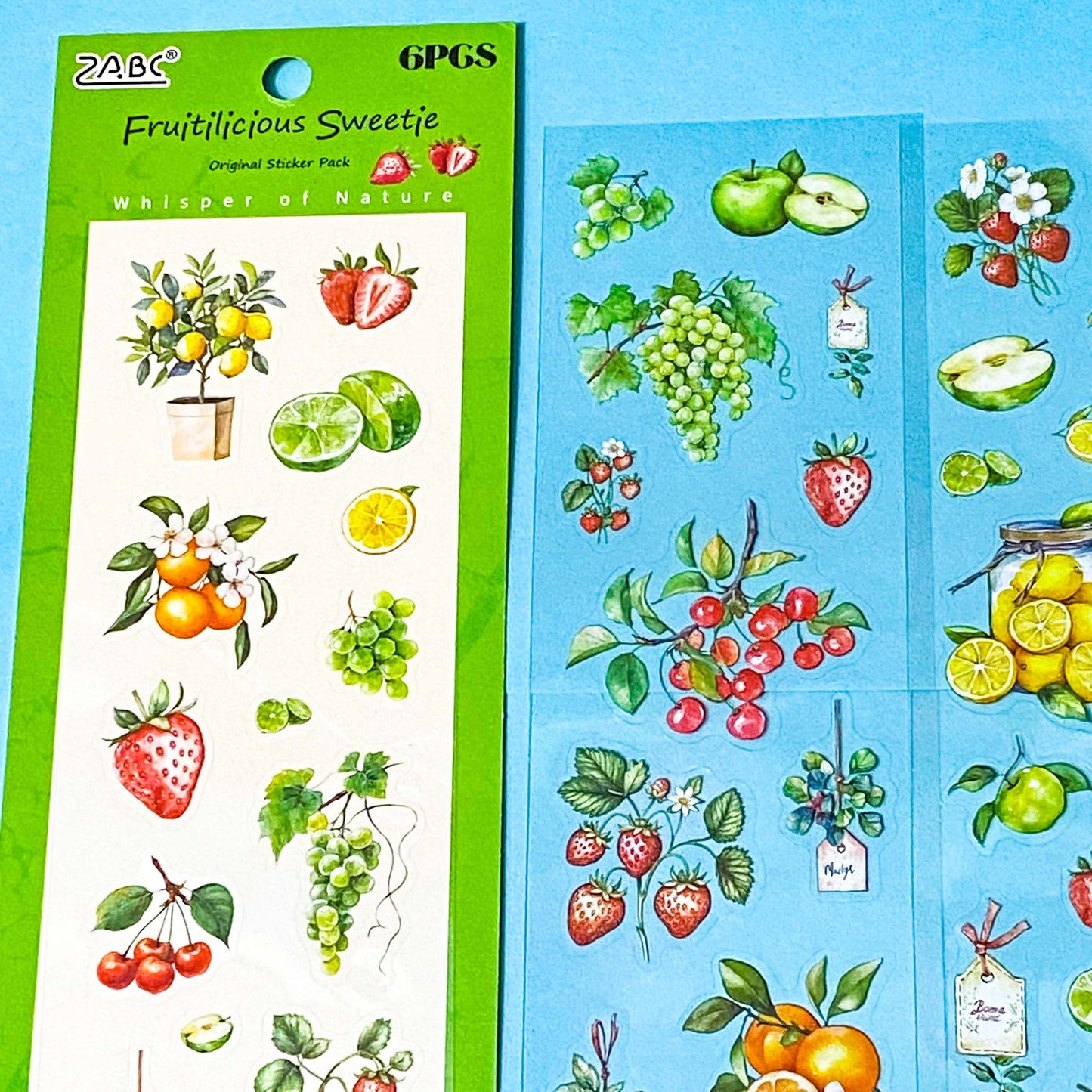 Botanical FRUIT Clear Sticker Sheets- 6 Sheet Set | Strawberry, Lemon, Apple, Cherry