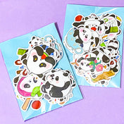 set of 50 large panda laptop stickers on a lilac background