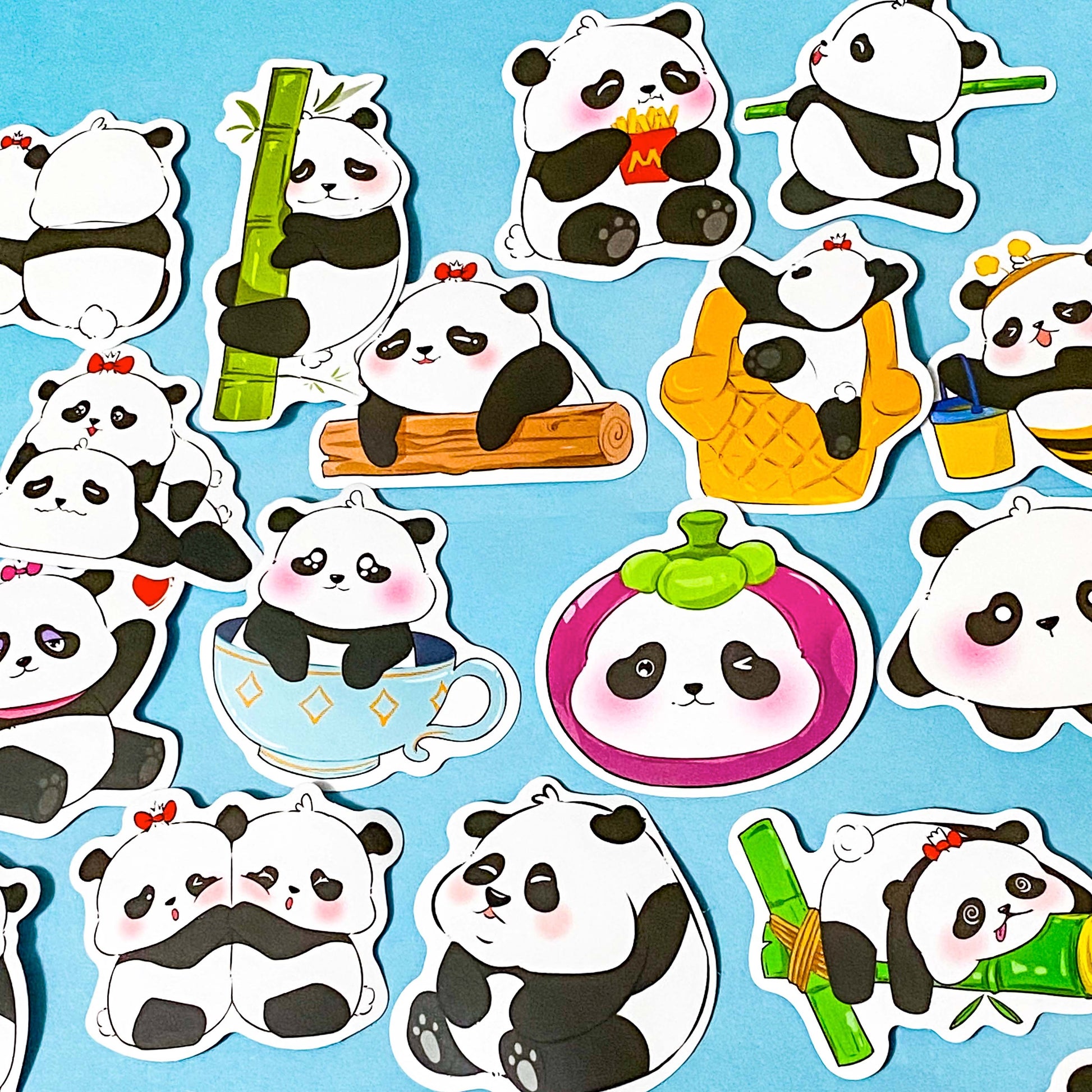 set of 50 panda large laptop stickers on a blue background