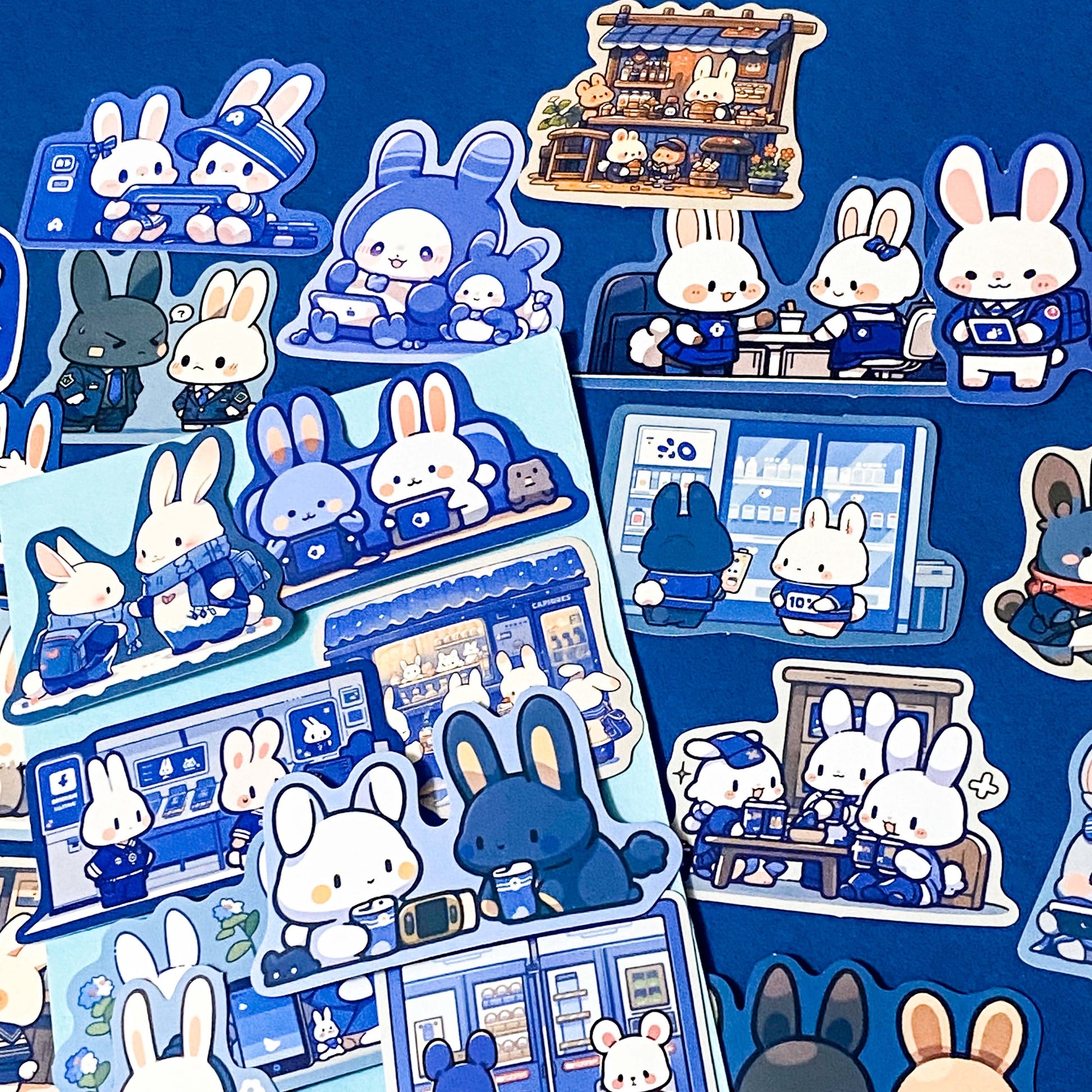 blue bunny cute laptop stickers pack on a dark blue background