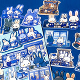 blue bunny cute laptop stickers pack on a dark blue background